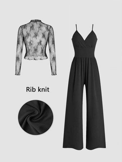 🎉Vårrea – upp till 50 % rabatt😻 Tvådelat set för damer: spetströja och jumpsuit med ficko