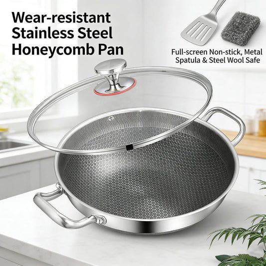 Tjock stekpanna i rostfritt stål med nonstick-beläggning och lock, platt